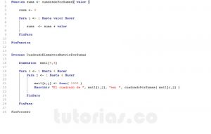 programacion en pseint: cuadrado de elementos matriz por sumas