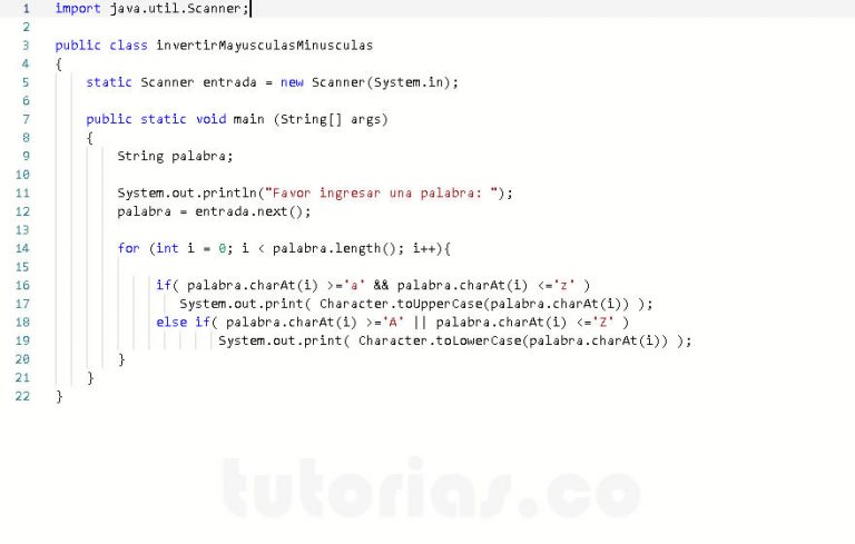 ciclo for – java (invertir mayusculas y minusculas) | Tutorias.co