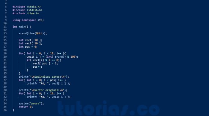 programacion en turbo C: vector de subindices elementos pares