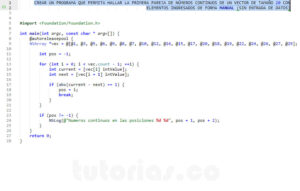 programacion en objective c: mostrar la posicion de la primera pareja de elementos continuos en un vector